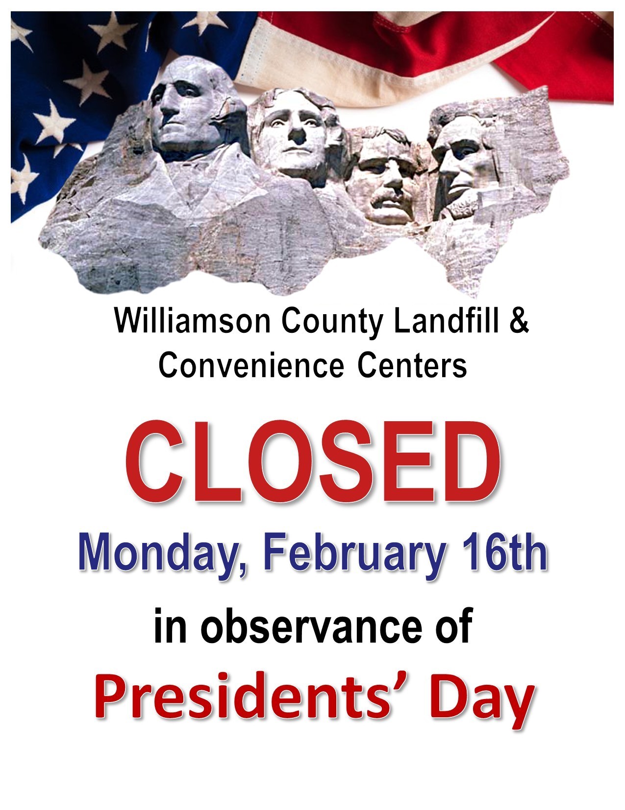 Williamson County Landfill & Convenience Centers  CLOSED Monday, February 16th